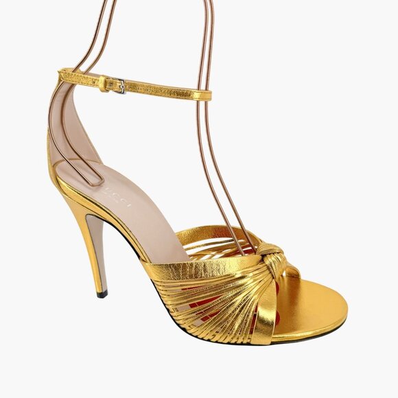 Gucci Crawford Knot Sandals EU 38.5 US 8.5 Gold Leather High Heel Shoe Allie - Picture 11 of 15